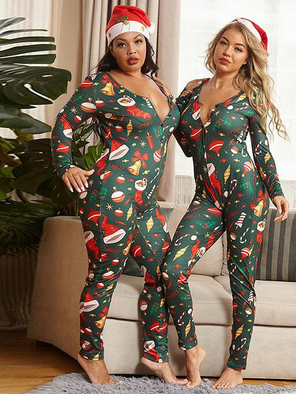 Christmas Printed V-neck Slim Fit Jumpsuit