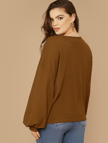 Drop Shoulder Lantern Sleeve Waffle Knit Top