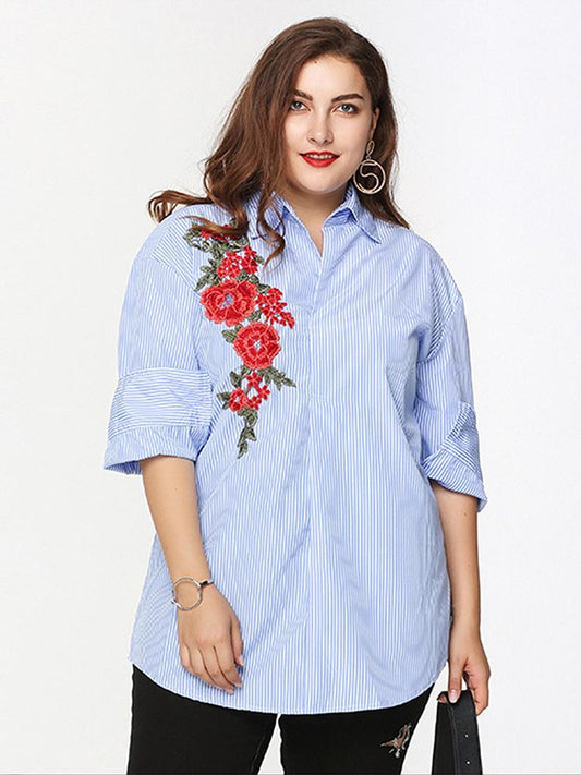Floral Embroidery Stripe Lapel Shirt
