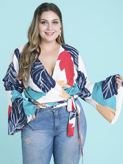 Tropical Printed Deep V-neck Flared Sleeve Top