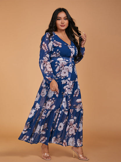 Floral Print Button Ruffle Hem Dress