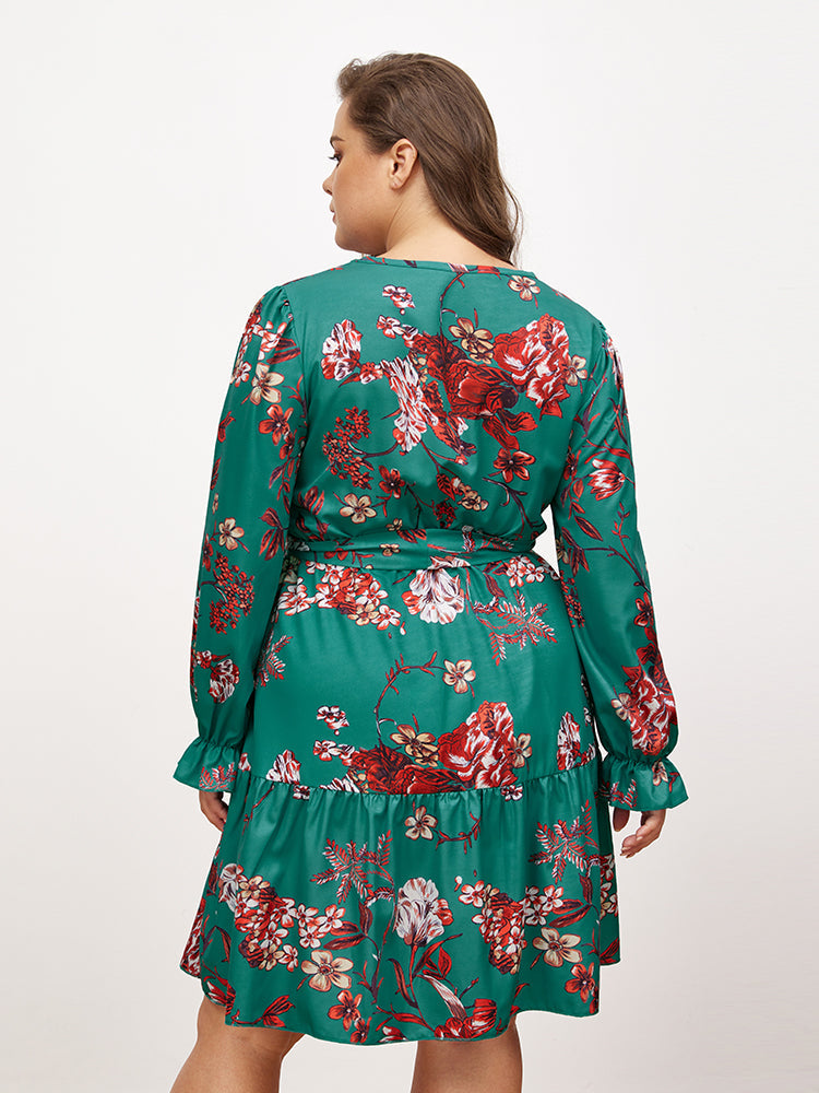 V-neck Lantern Sleeve Floral Dress
