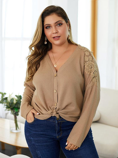 Waffle V-neck Embroidery Knit Top