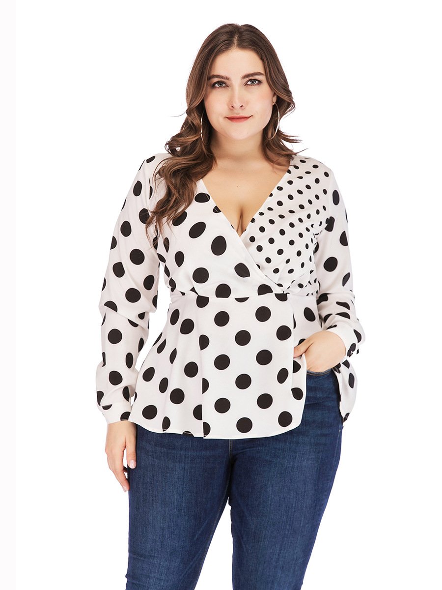 Polka Dot Wrap V-neck Blouse