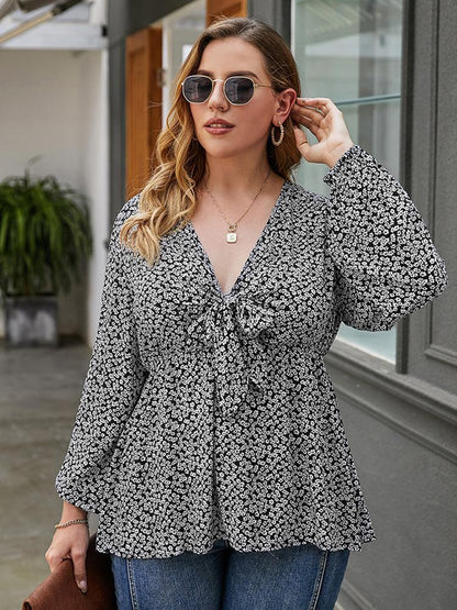 Ditsy Chiffon Lantern Sleeve Blouse