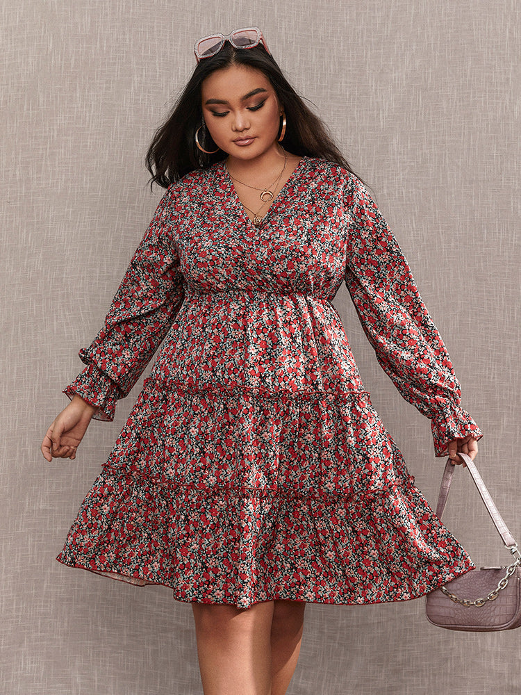 Floral V-Neck Frill Trim Teired Dress