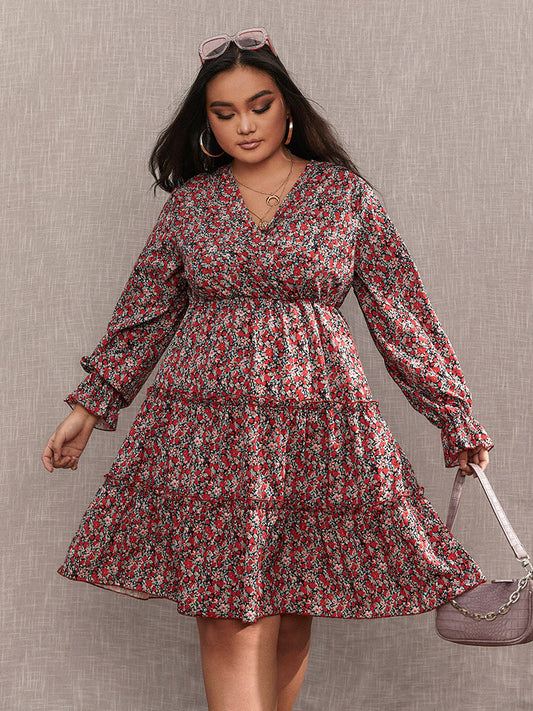 Floral V-Neck Frill Trim Teired Dress