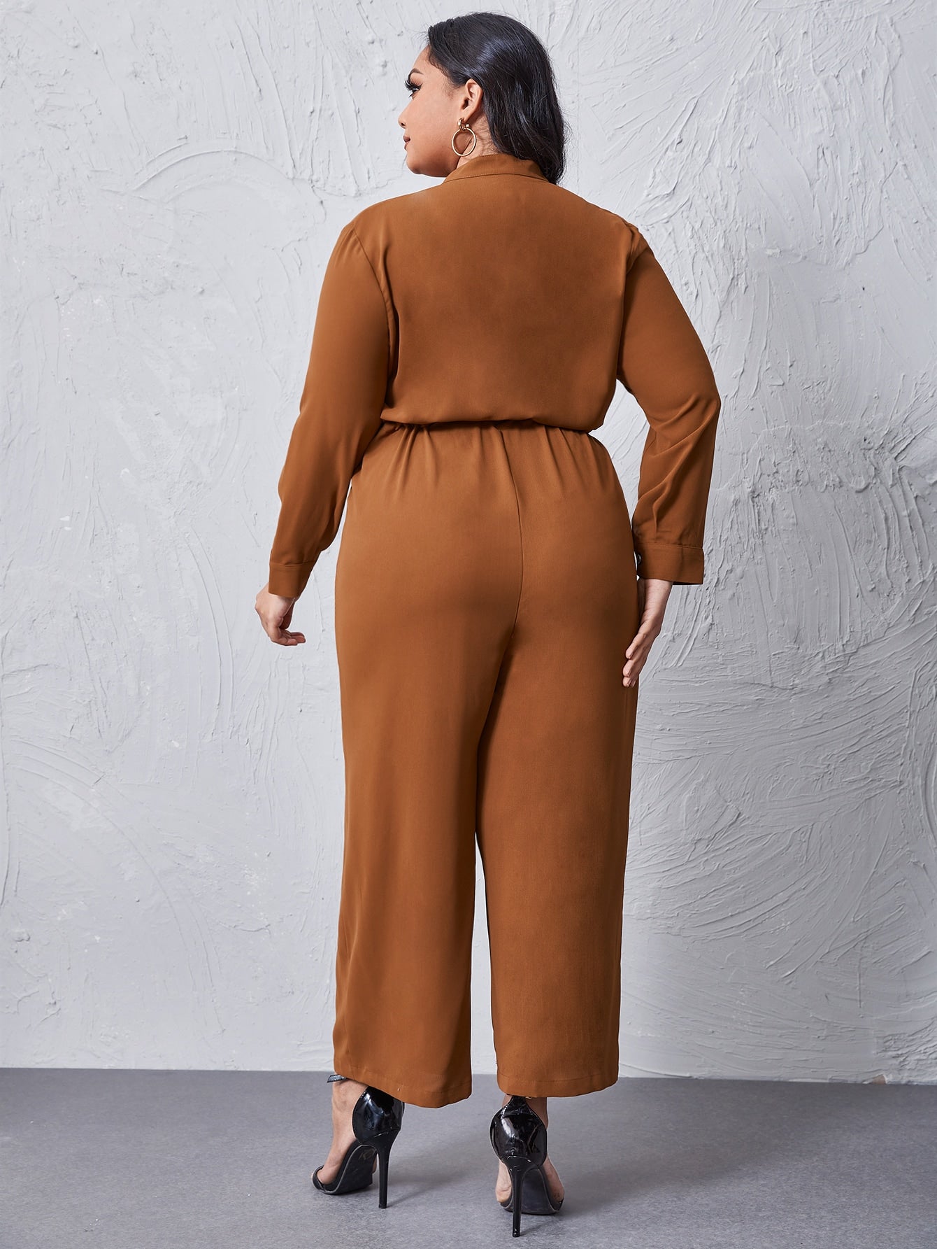 Drawstring Waist Wide-leg Shirt Jumpsuit