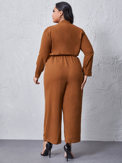 Drawstring Waist Wide-leg Shirt Jumpsuit