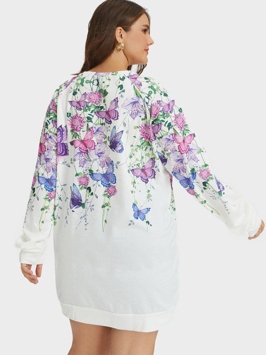 Butterfly & Flower Printing Sweatshirt Dress