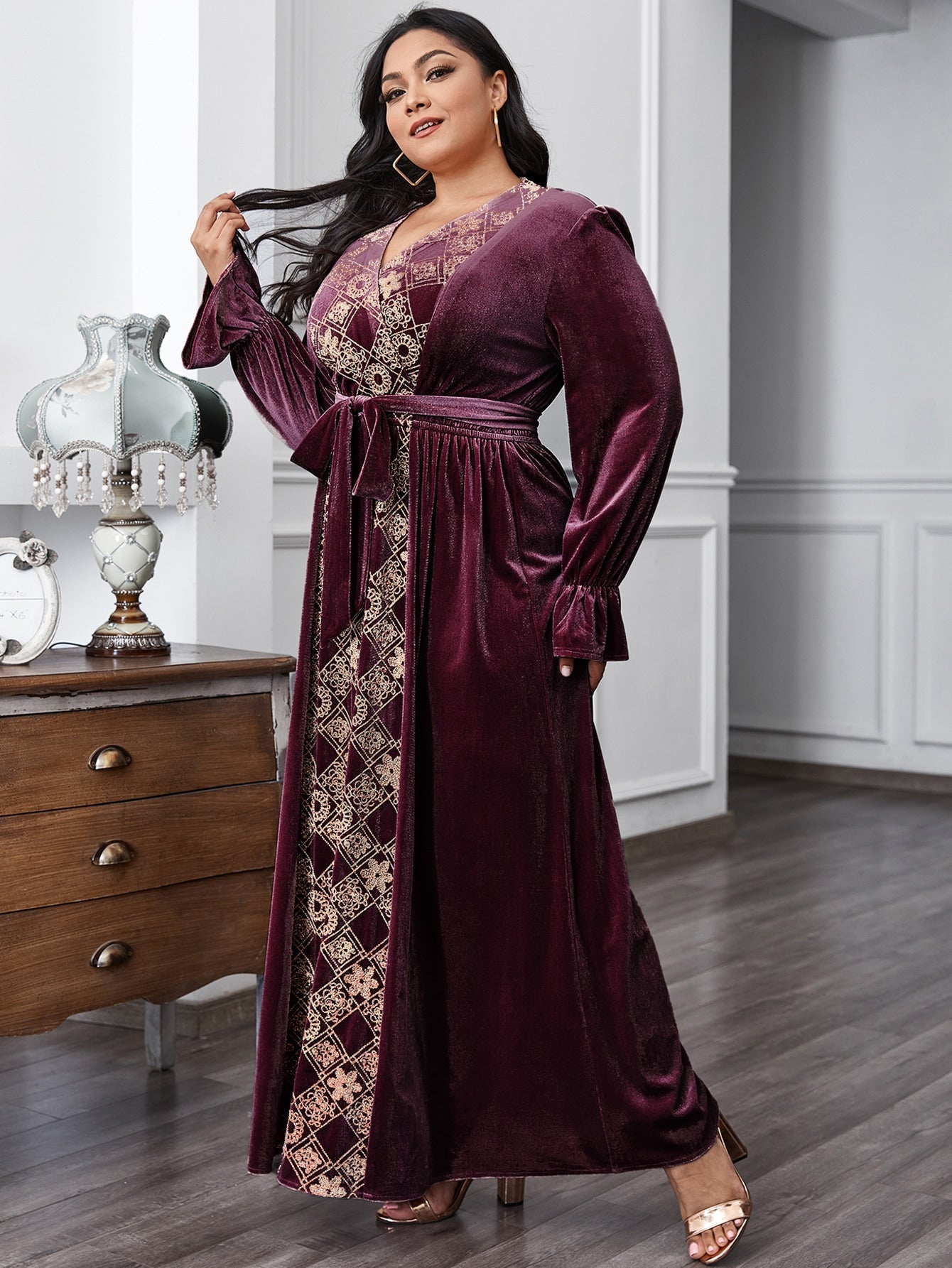 Floral & Argyle Embroidered Belt Velvet A-line Dress