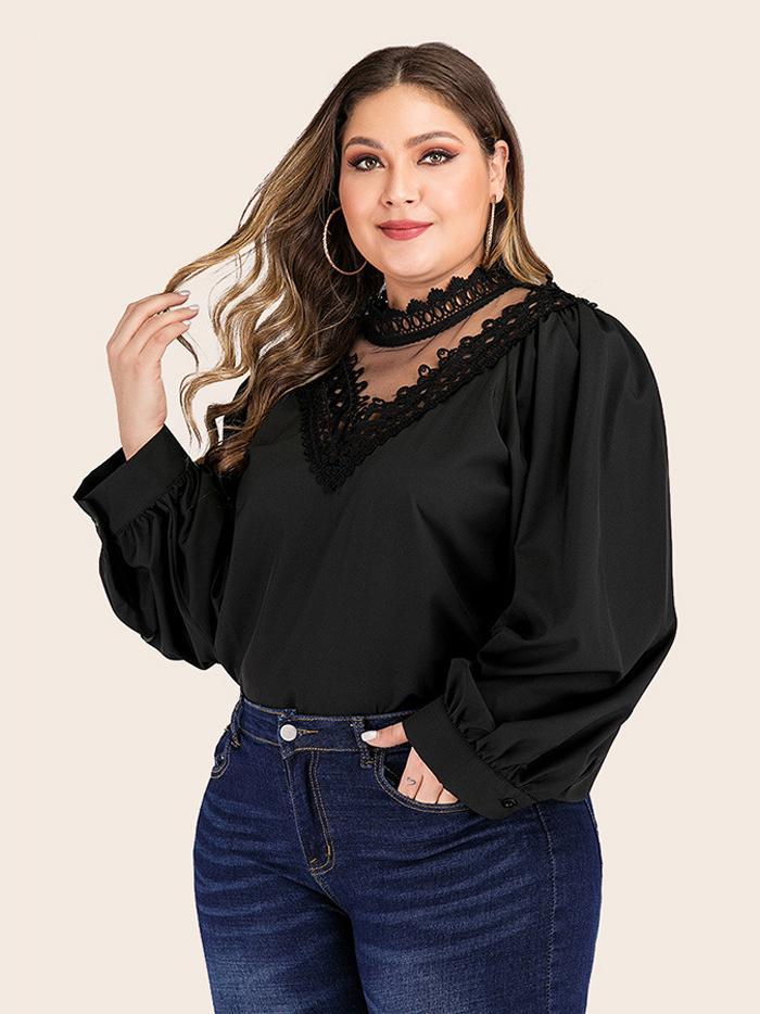 Lace Patchwork Solid Color Tops