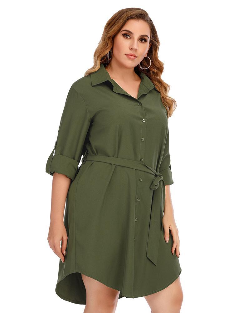Single0breasted Belt Lapel Shirt Dress