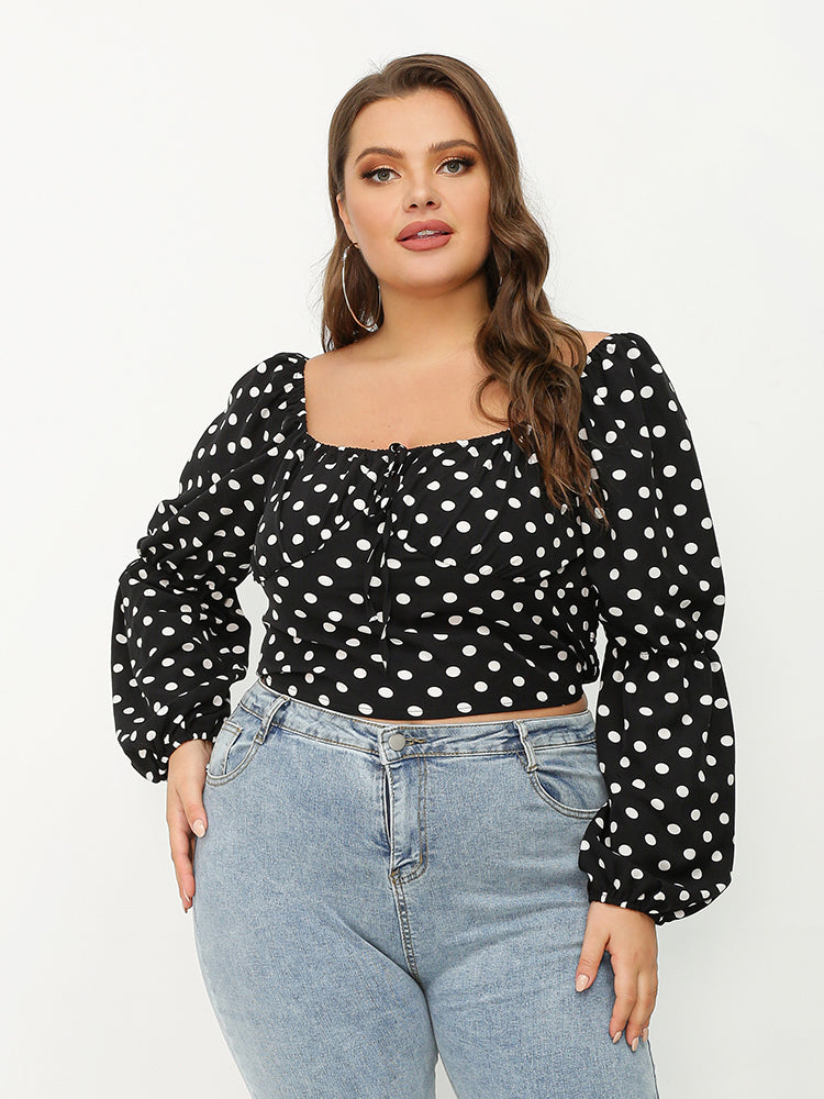 Puff Sleeve Polka Dot Crop Blouse
