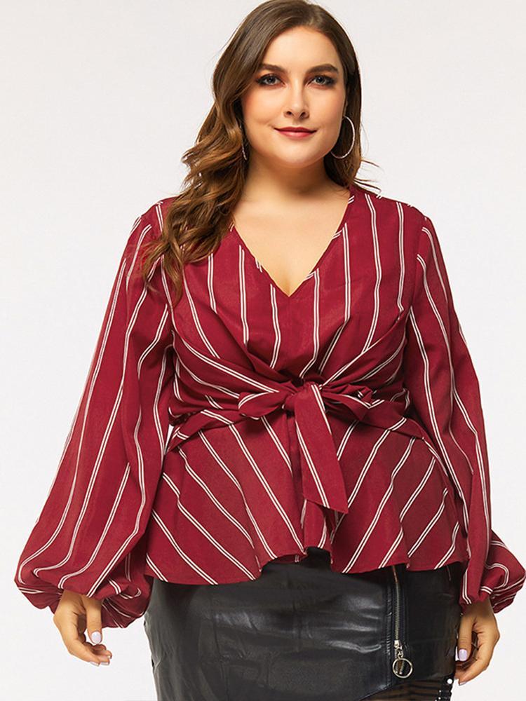 Striped Knot V-neck Lantern Sleeve Blouse
