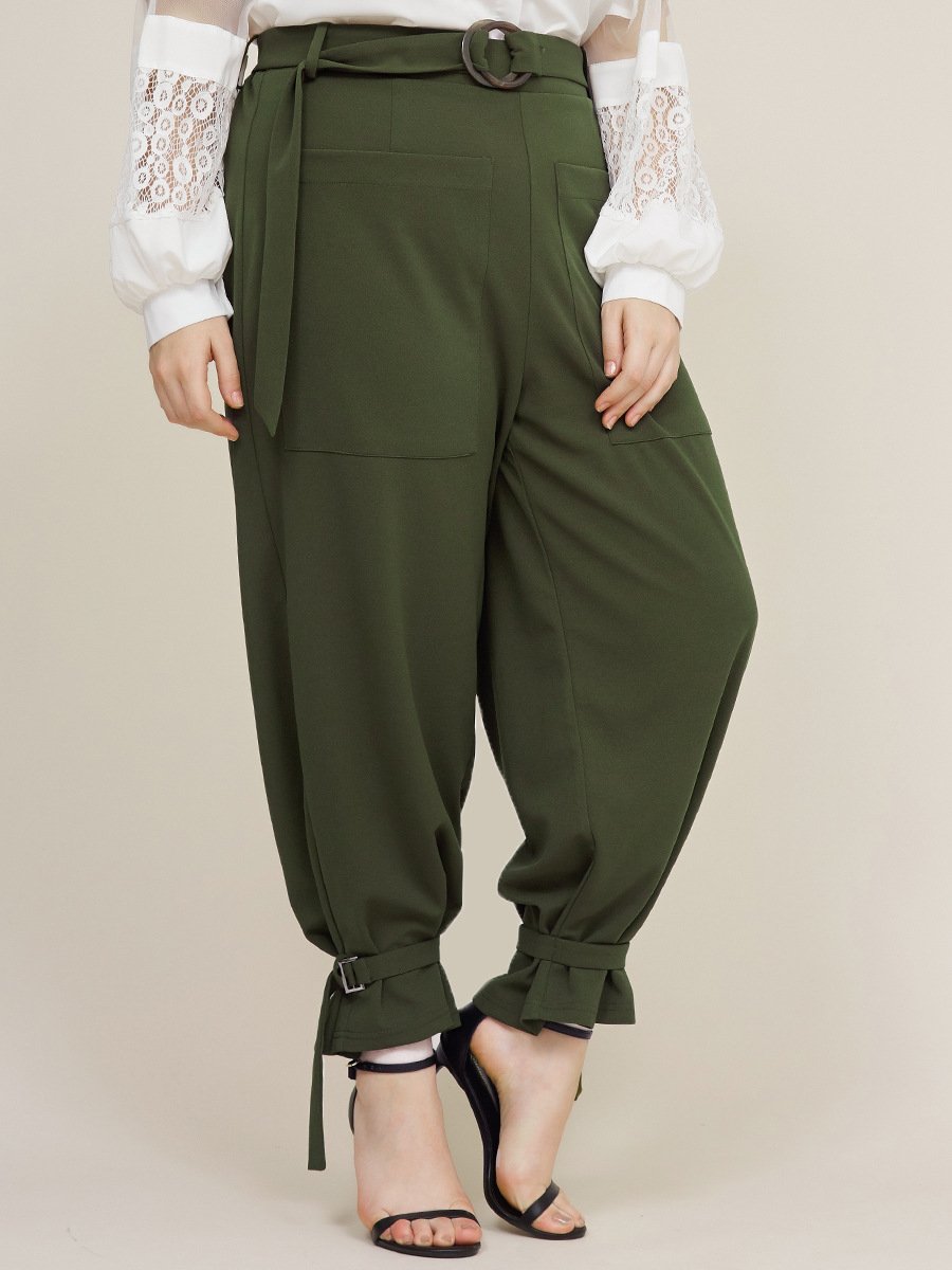 Belt Ankle Big Pockets Solid Casual Pants