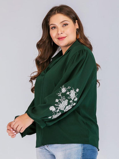 Embroidery Lantern Sleeve Lapel Shirt