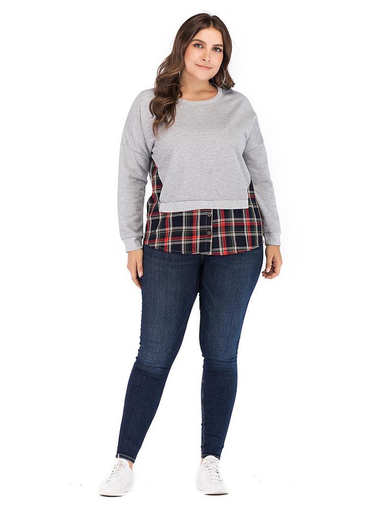 Plaid Patcwork Round Neck T-shirt