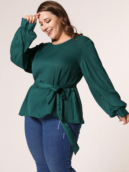 Lantern Sleeve Belt Solid Color Blouse