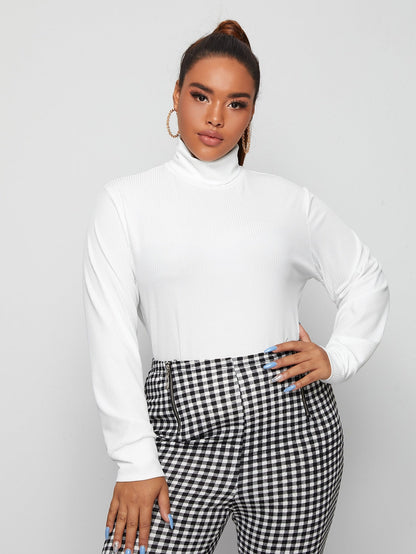 Solid Turtleneck Rib-knit Tee