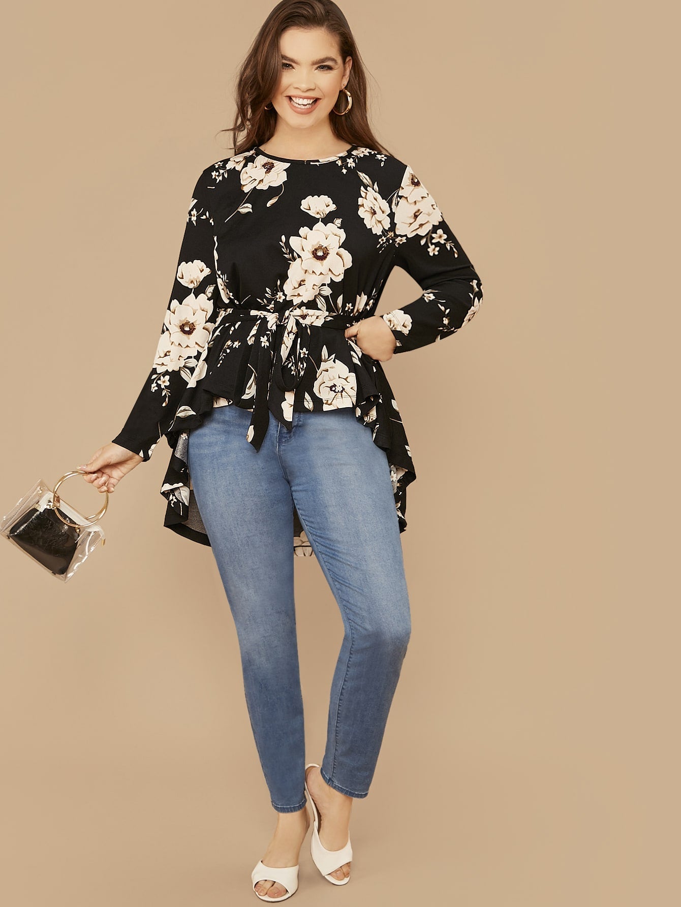 Floral Print High Low Hem Belted Top
