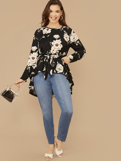 Floral Print High Low Hem Belted Top