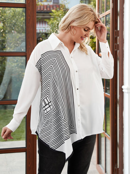 Striped Asymmetrical Hem Button Up Blouse