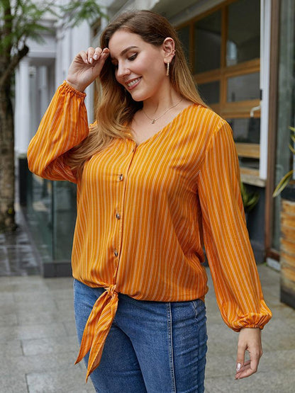 Striped V-neck Knot Blouse