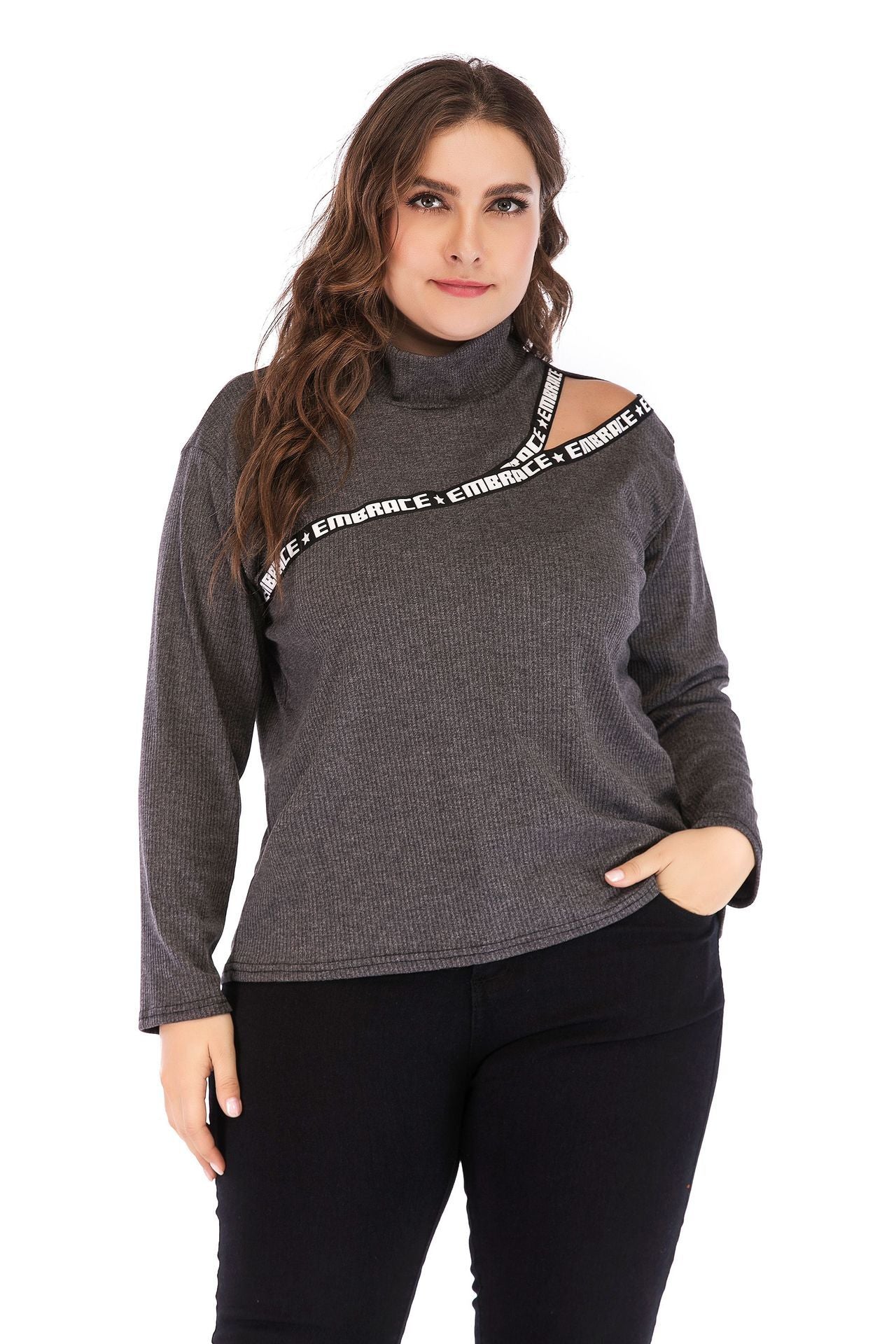 Letter Printed Hollow Out Turtleneck Knit Top