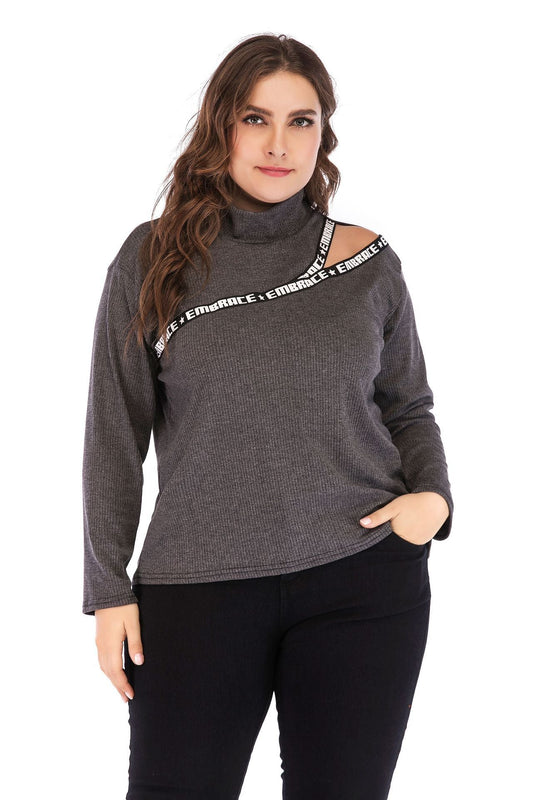 Letter Printed Hollow Out Turtleneck Knit Top