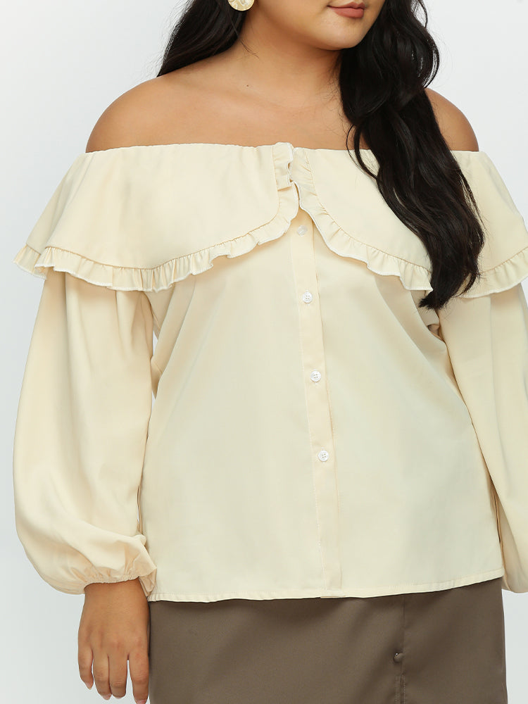 Ruffle Trim Button Lantern Sleeve Blouse