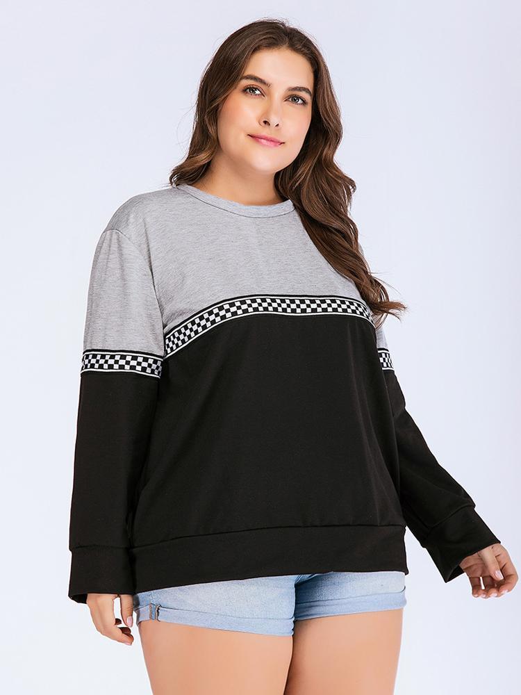 Checkerboard Patchwork Round Neck T-shirt