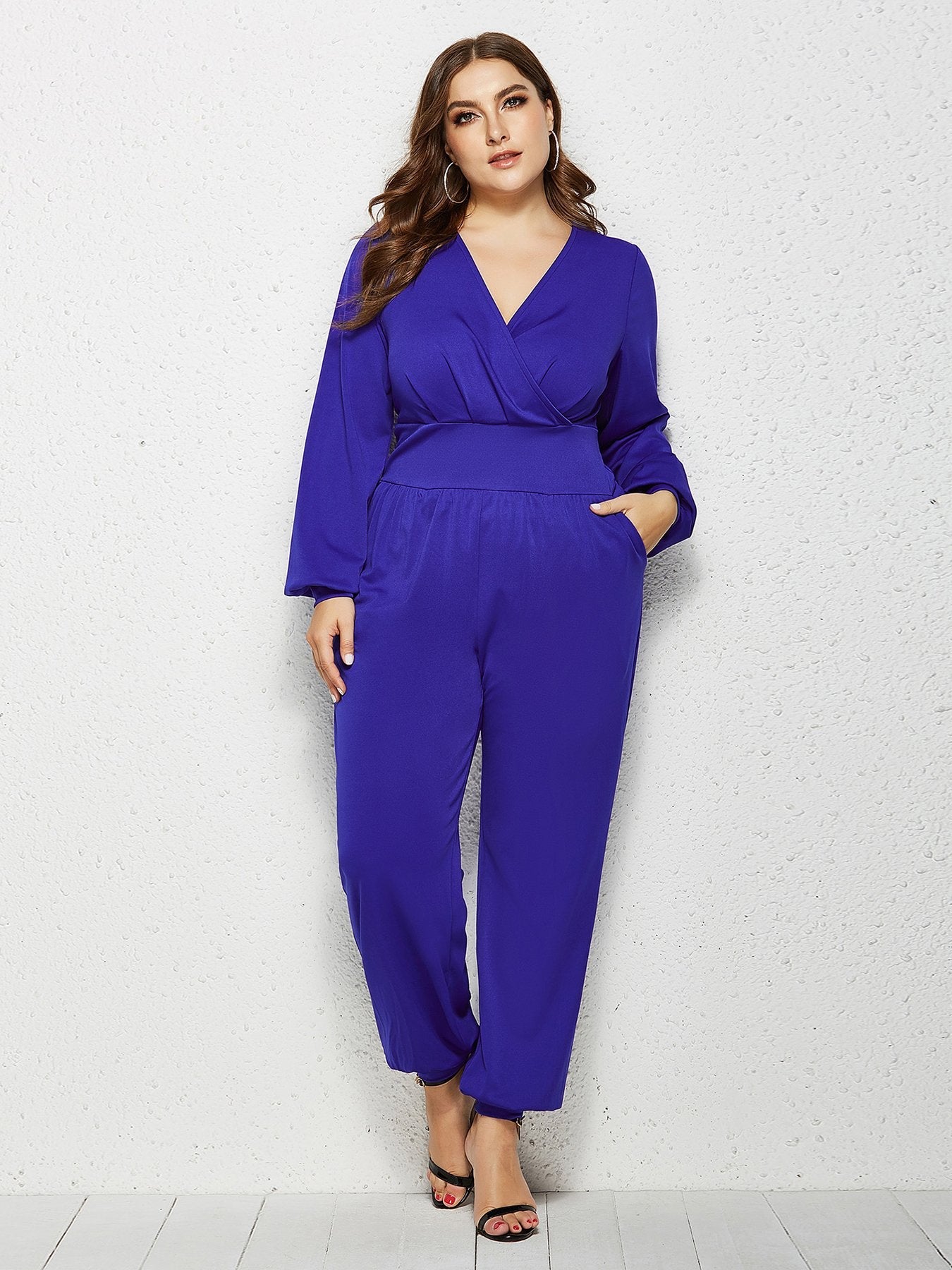 V-neck Wrap Solid Color Jumpsuits