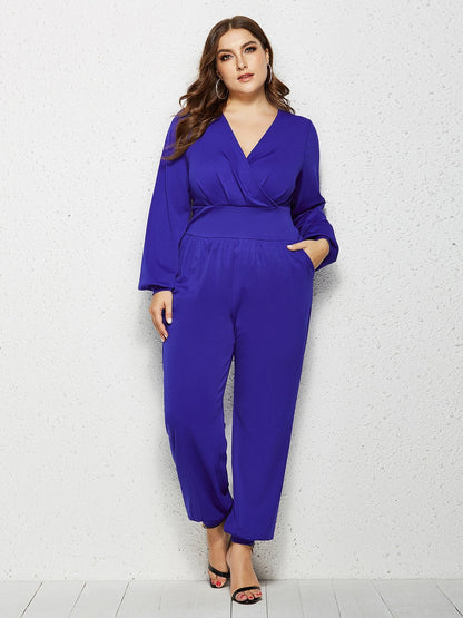 V-neck Wrap Solid Color Jumpsuits