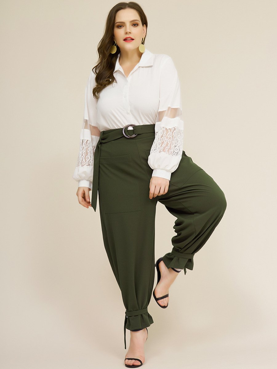 Belt Ankle Big Pockets Solid Casual Pants