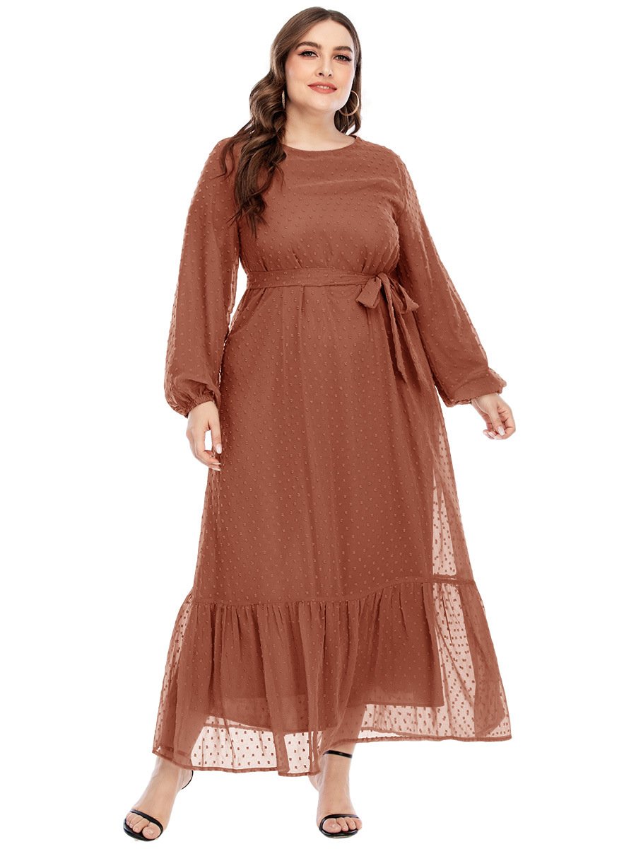 Dot Mesh Belt Round Neck Maxi Dress