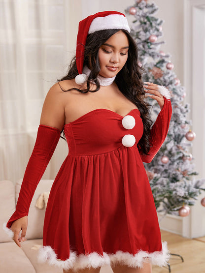 Pompom Velvet Dress With Gloves
