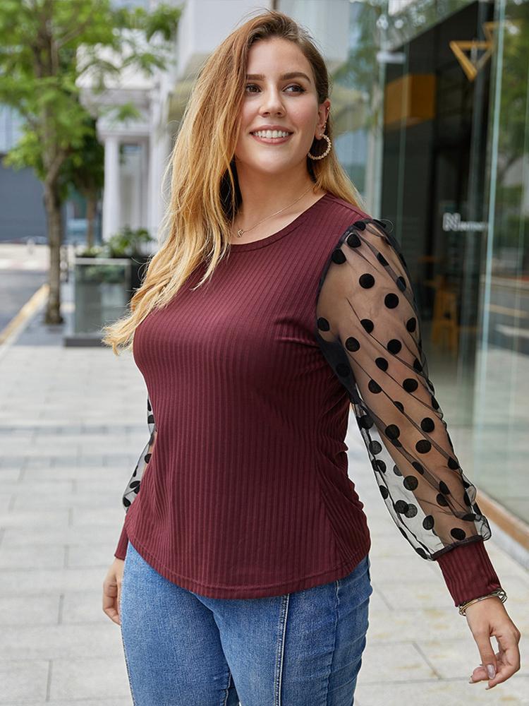 Polka Contrast Mesh Round Neck T-shirts