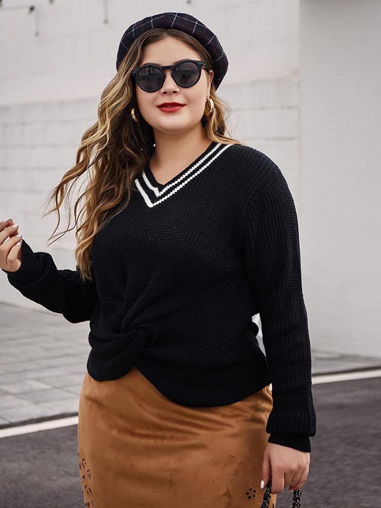 Tape V-neck Casual Sweater