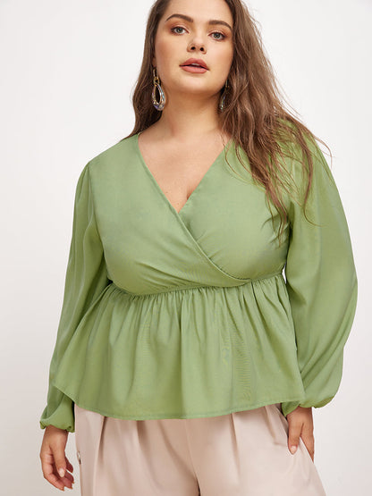 Ruffled V-neck Long Sleeved Blouse