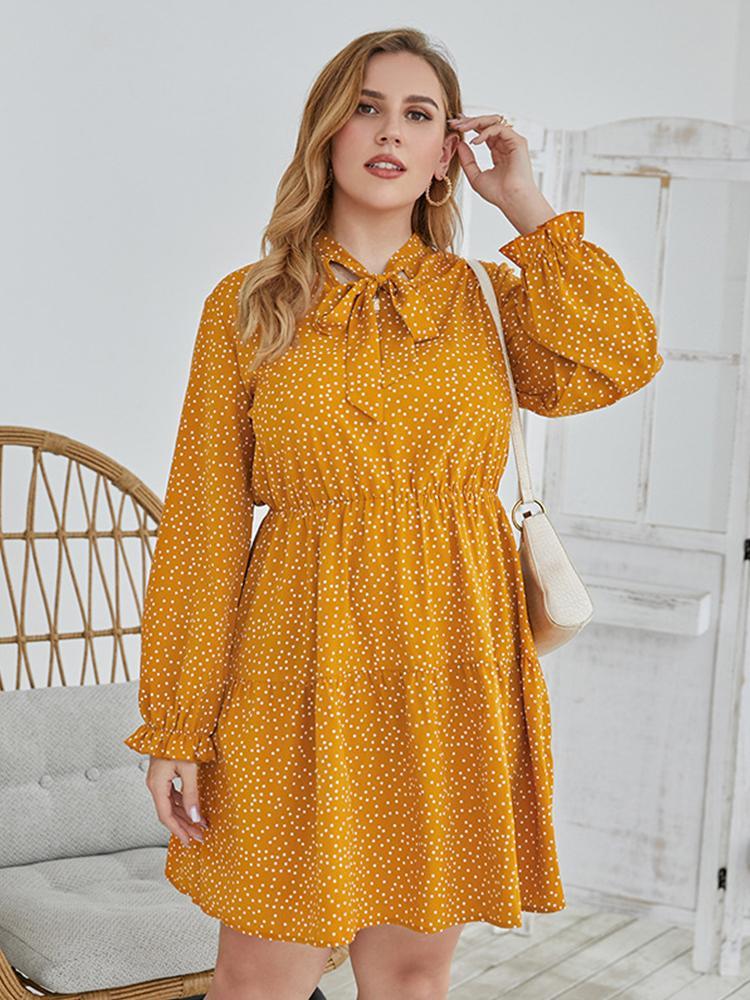 Dot Printed Cravat Pleated Dress