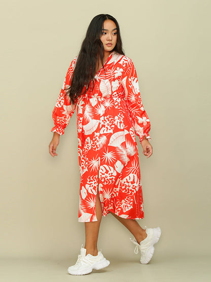 Leaf Slit V-neck Dress