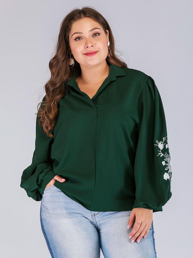 Embroidery Lantern Sleeve Lapel Shirt