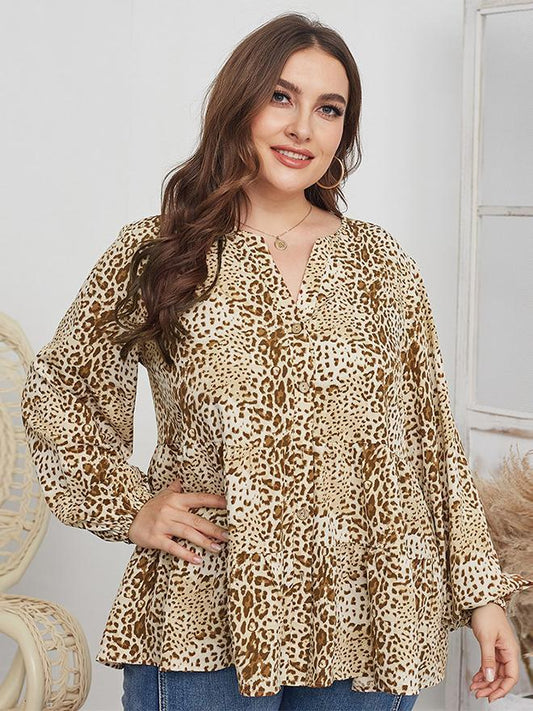 Leopard Printed V-neck Loose Blouse