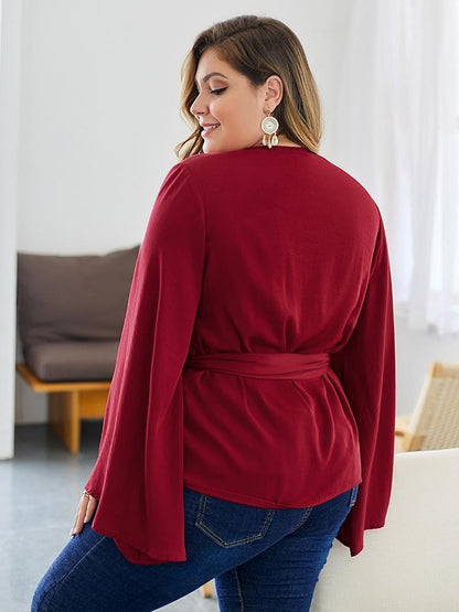 Flared Sleeves Belt V-neck Blouse