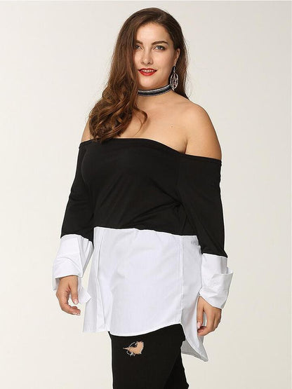 Patchwork Off-shoulder Mid Length Blouse