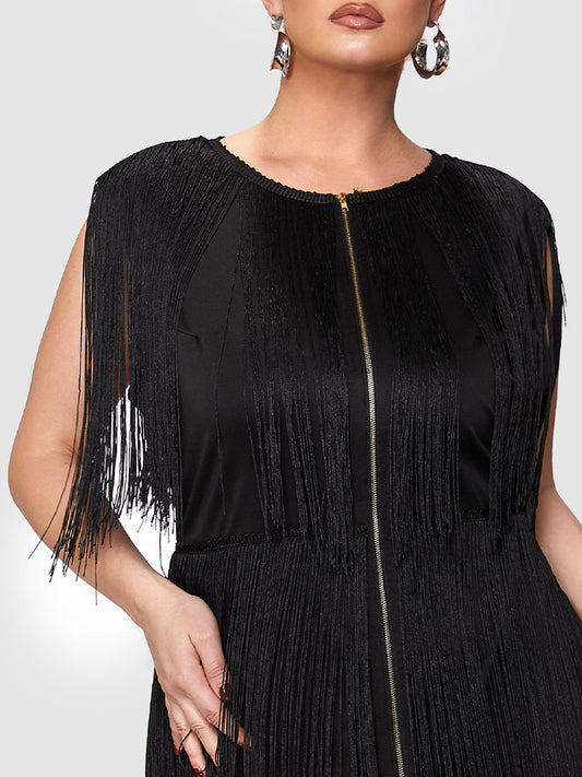 Solid Tassels Zipper Sleeveless Dress