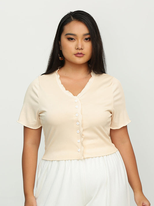 Frill Neckline Button T-Shirt