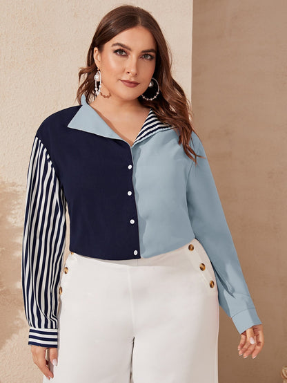 Collared Colorblock Striped Sleeve Blouse