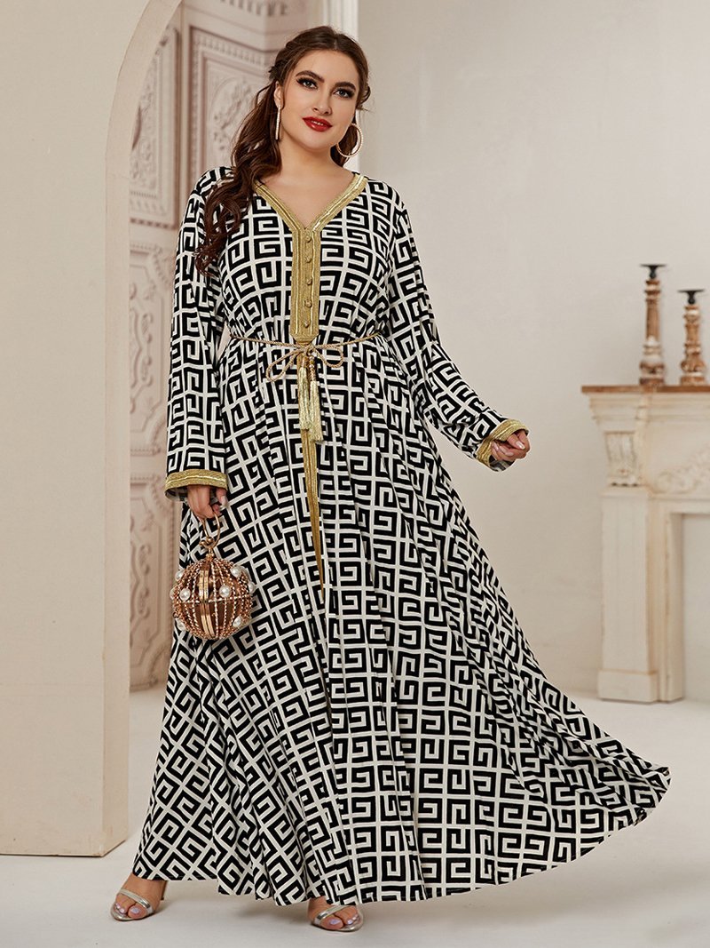 Printed Patchwork Belt V-neck Maxi Dress